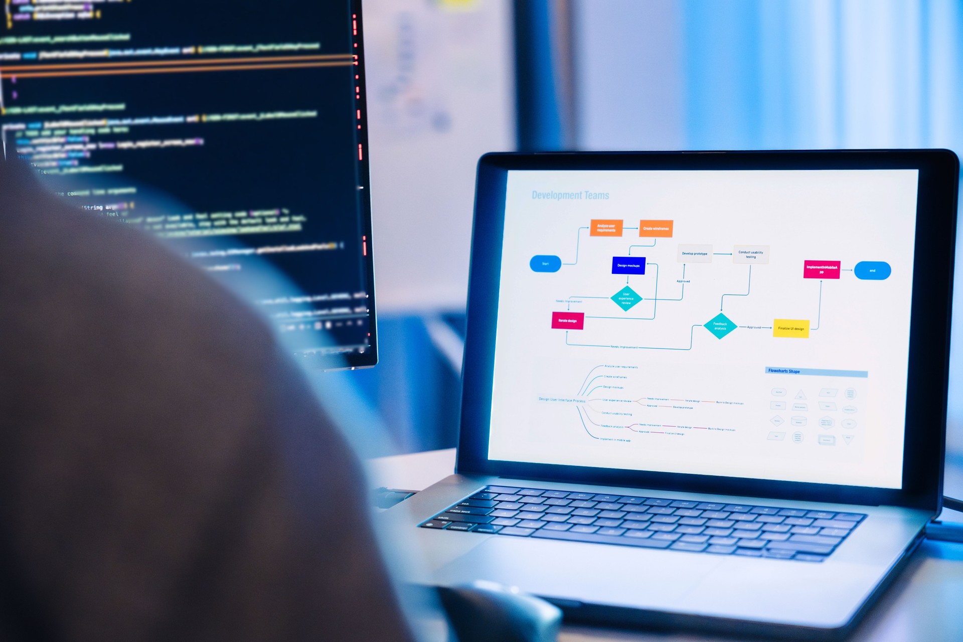 software developer reviews UX/UI design diagrams while coding at a workstation